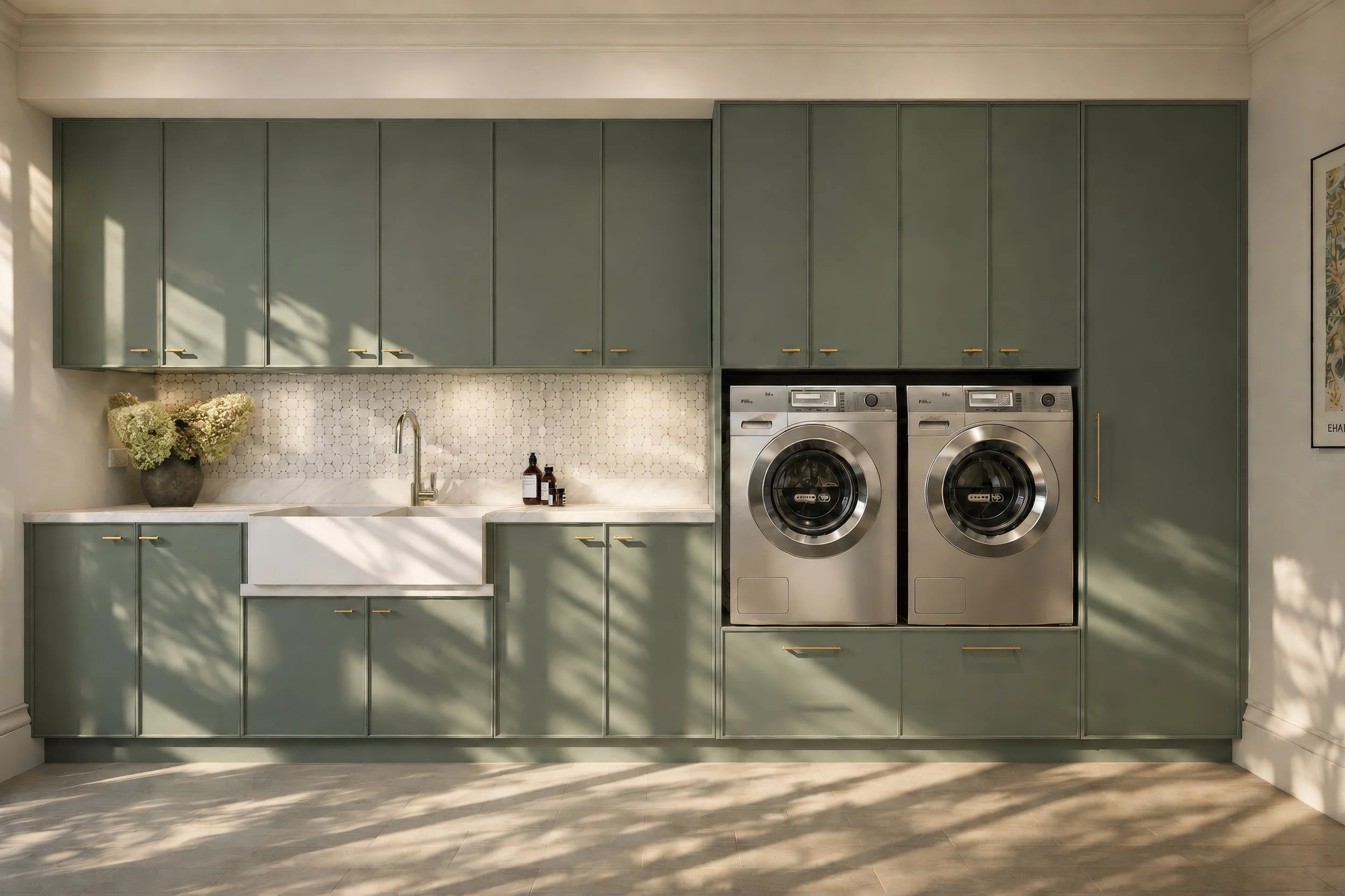 A custom luxury laundry with green cabinetry and fireclay farmhouse sink.
