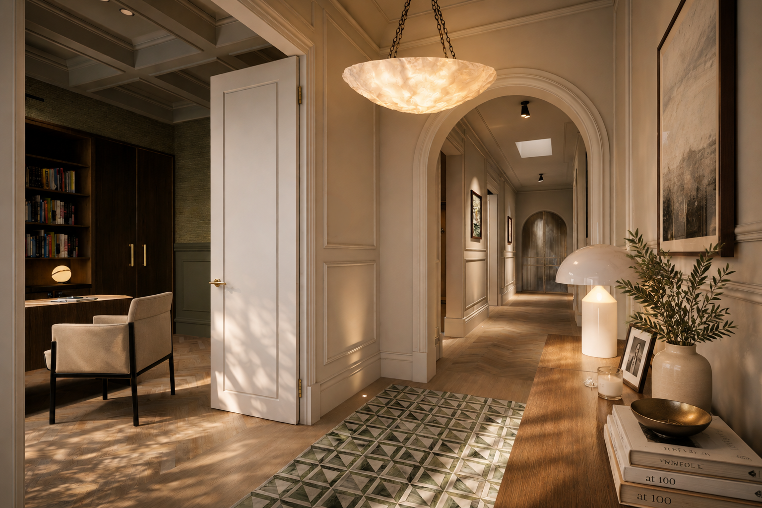 A custom luxury home entry with a feature tiled floor and arched hallway.