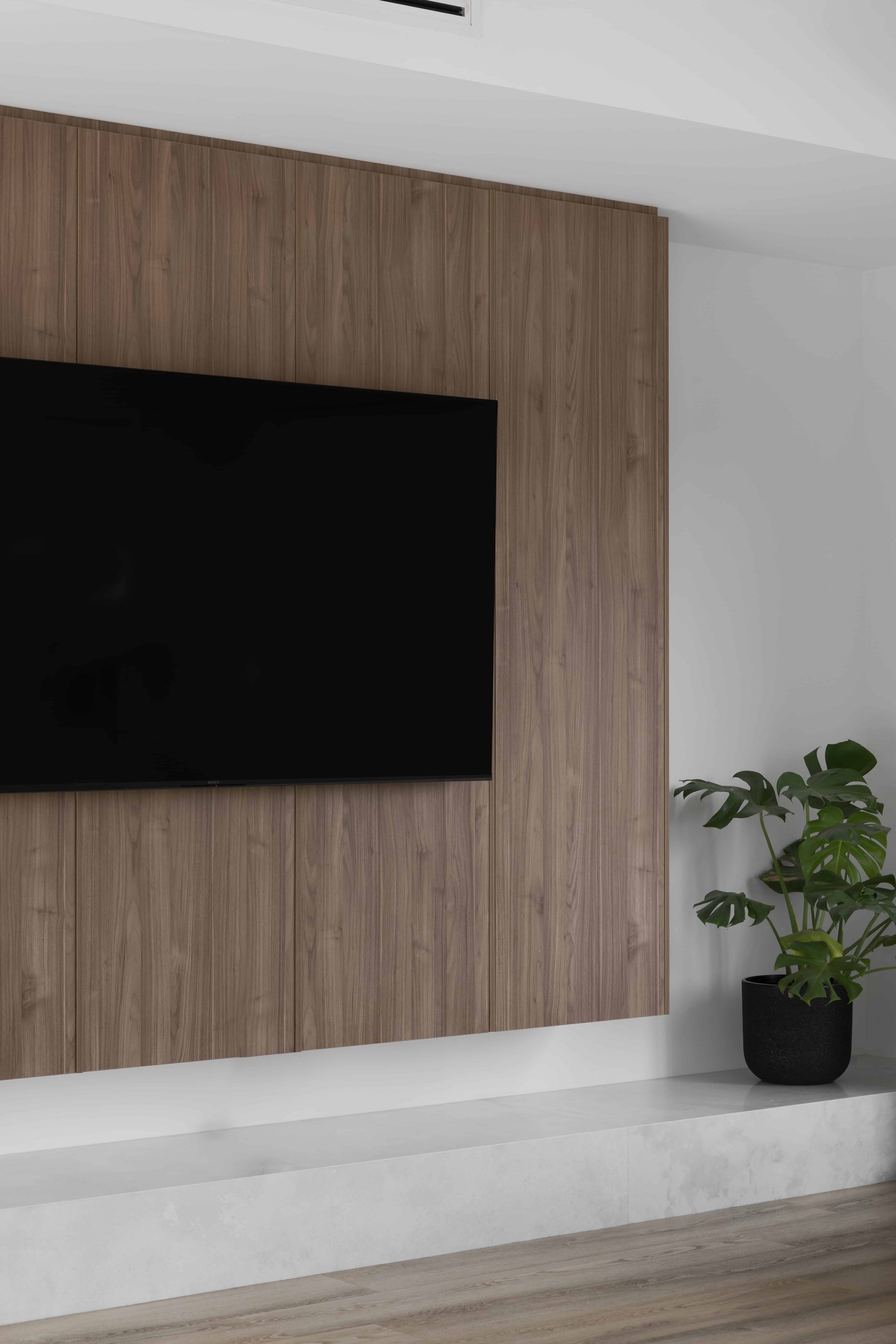 Close-up of a mounted flat-screen TV on a wooden paneled wall, with a potted green plant on the right side in front of a white wall, and a stone platform at the bottom.