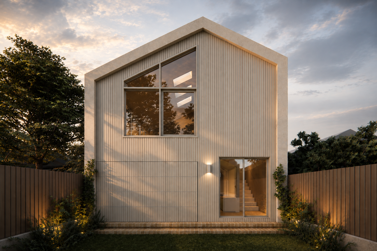 Modern two-story house with large windows, vertical siding, and a small front porch, surrounded by greenery and a wooden fence at sunset.