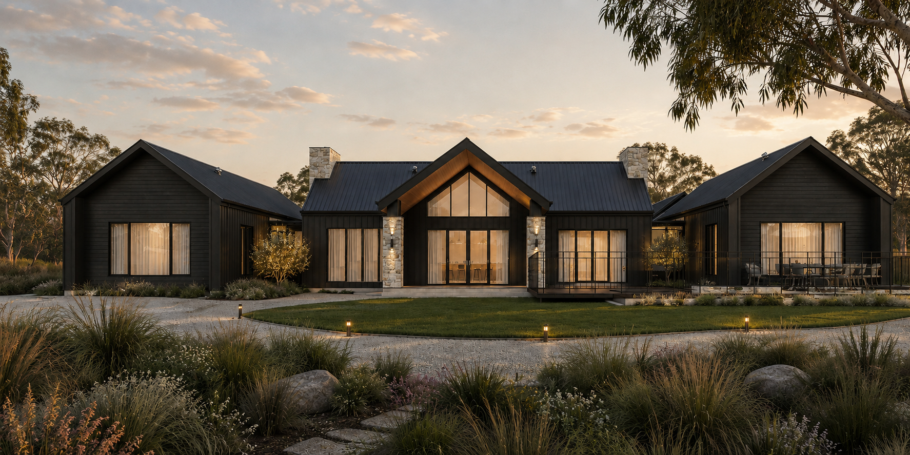 A dark custom Scandinavian style home exterior with a large alfresco facing a landscaped rear garden.