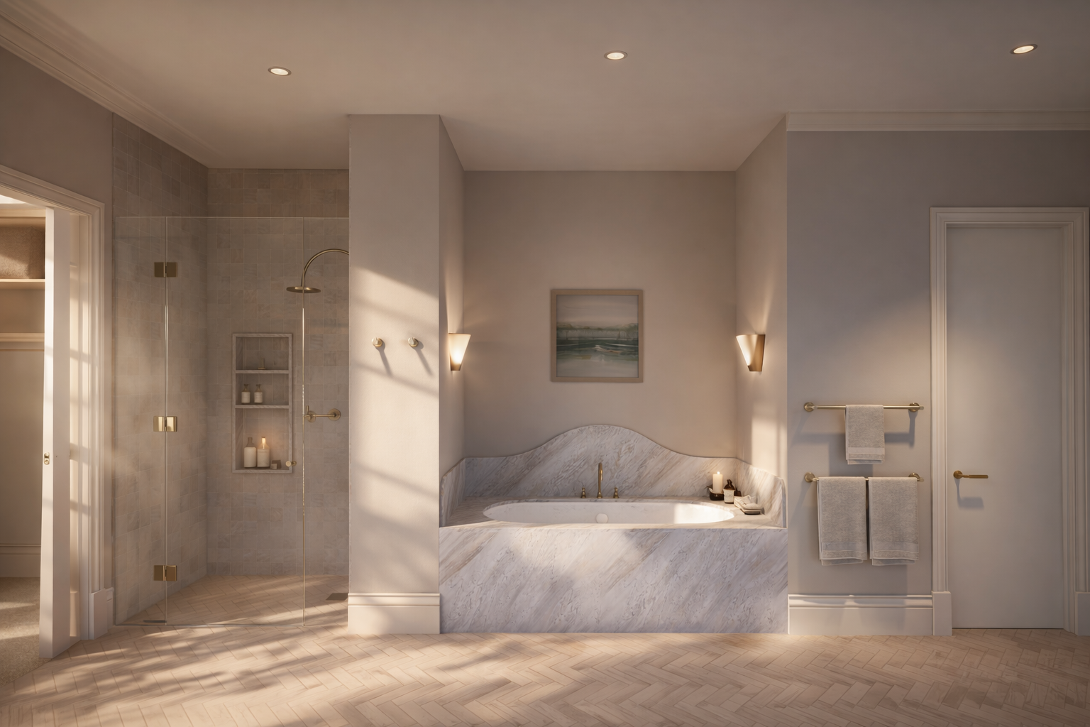 A custom luxury bathroom with a natural stone bath hob.