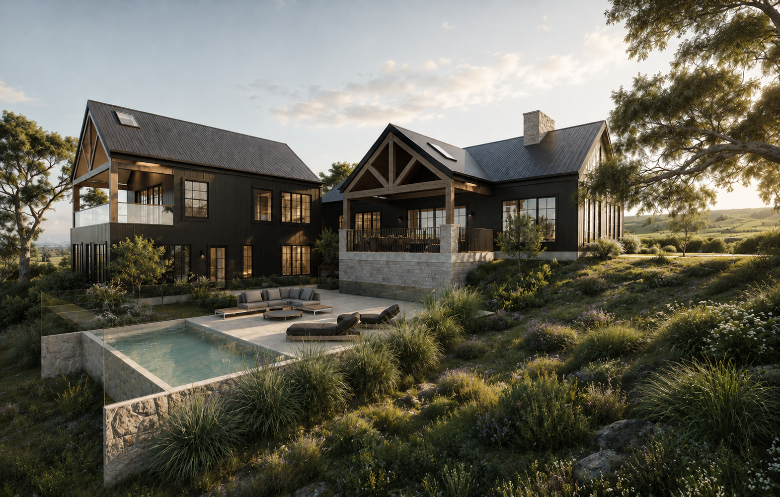 A render of a luxury home on a hill with a pool.