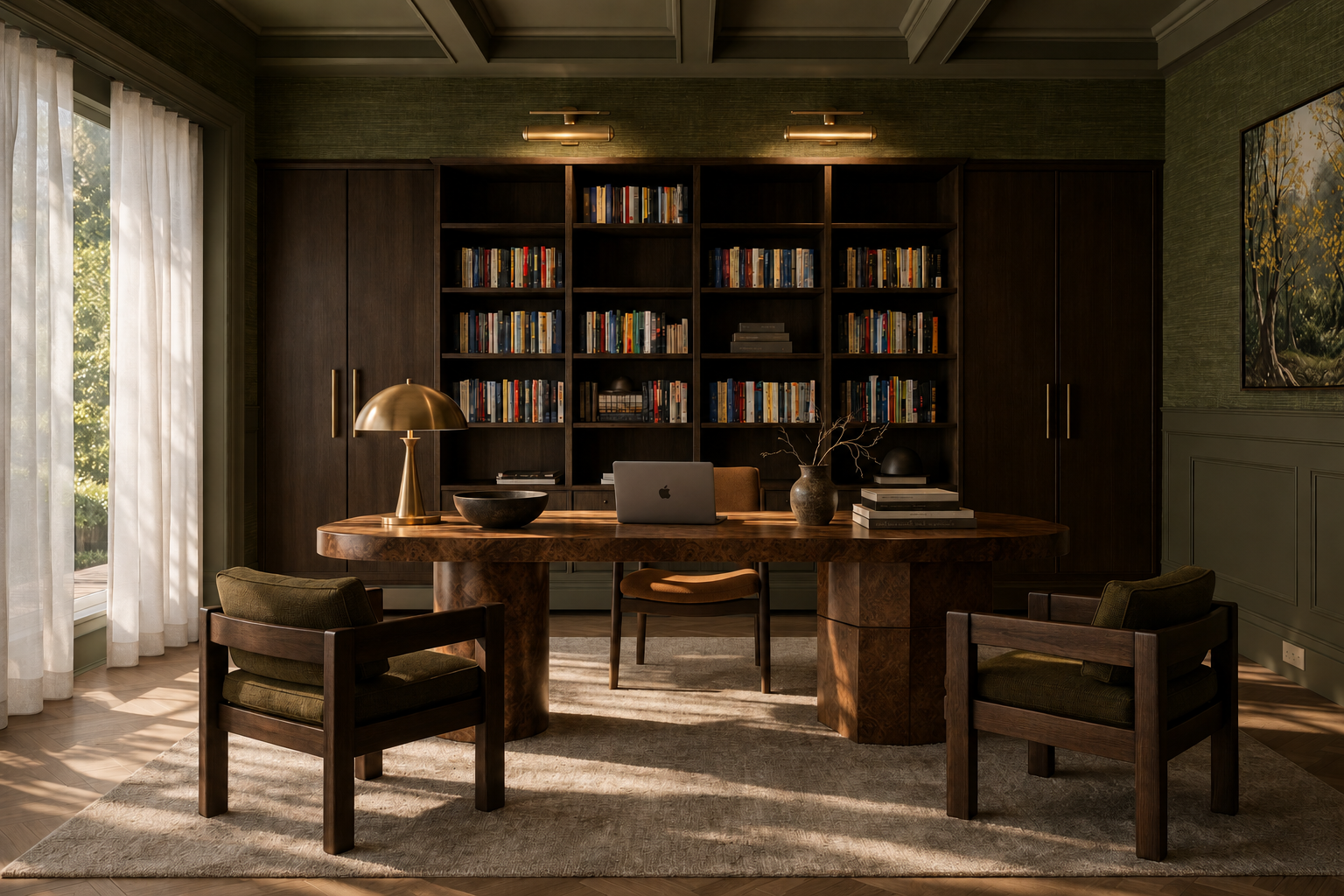A custom luxury home office with dark timber cabinetry, wall wainscoting, and coffered ceilings.