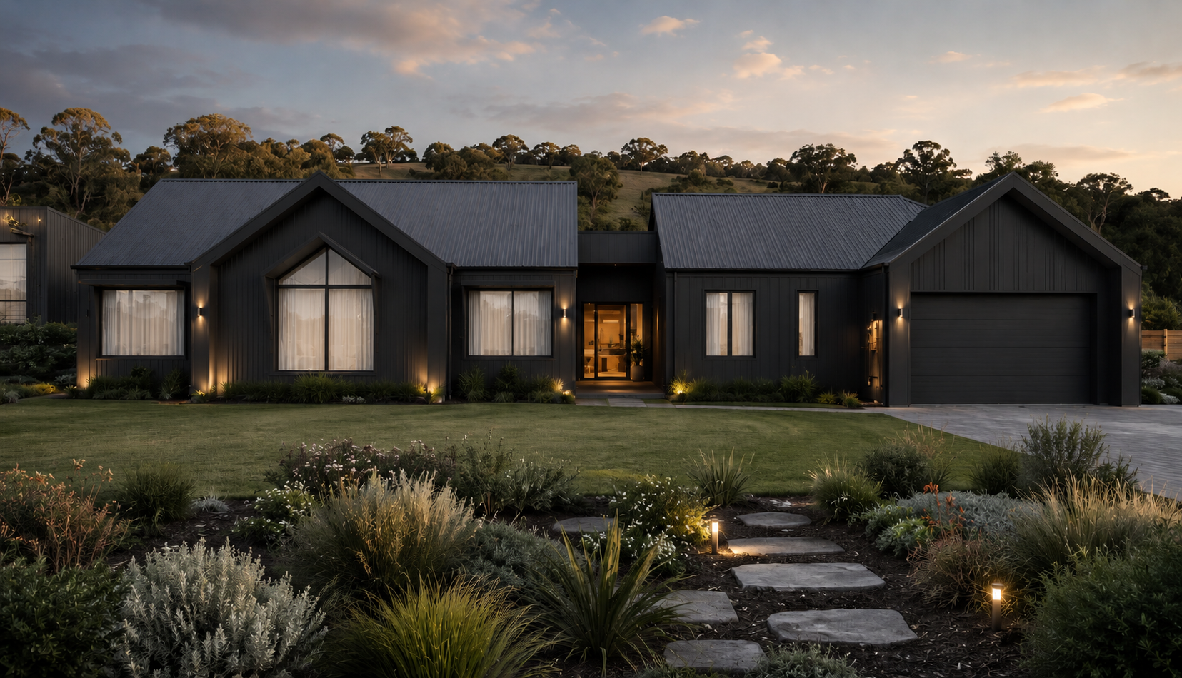 A dark Scandinavian style home exterior with feature gable wings and breezeways.
