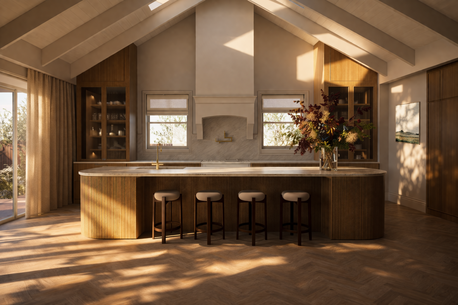 A custom luxury home kitchen with timber cabinetry and a feature rangehood mantle, a cathedral ceiling, and exposed rafters.