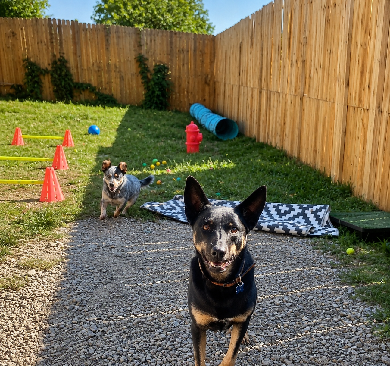 Two dogs playing in a backyard with agility equipment, a wooden fence, and a green lawn.