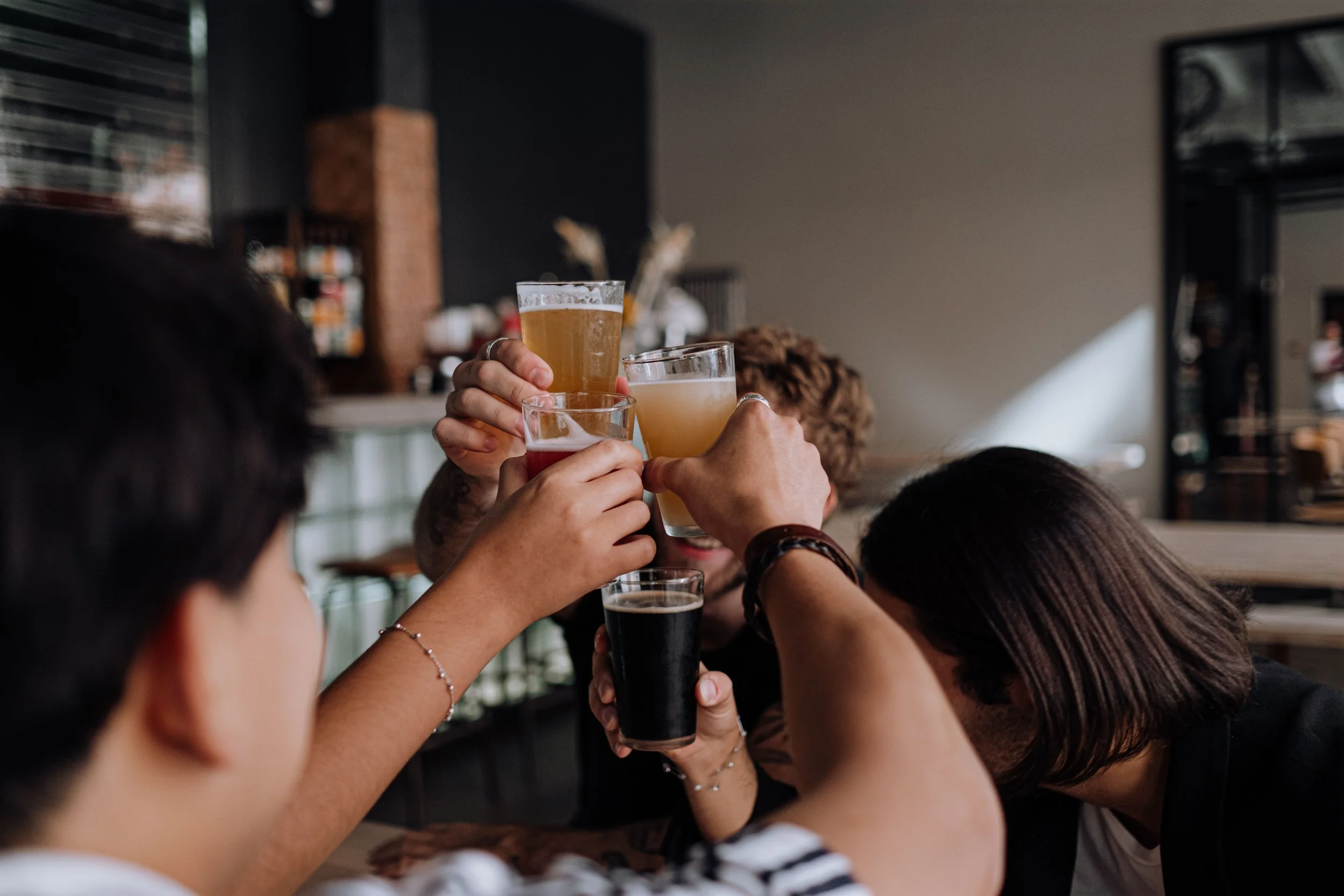 Group of people raising glasses in a toast in a cozy indoor setting.