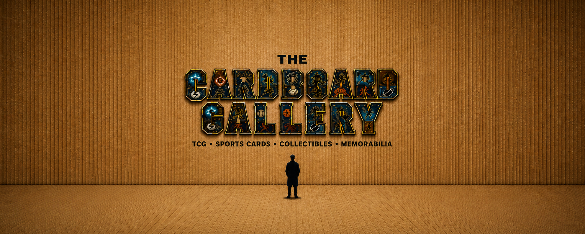 A person standing in front of a large wall with the text 'The Cardboard Gallery' in colorful, decorated letters. Below the text are the words 'TCG, Sports Cards, Collectibles, Memorabilia.'