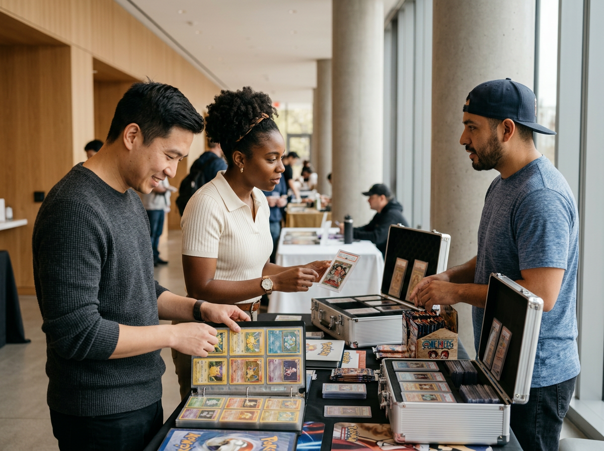 Three people at an indoor card trading event, looking through Pokémon card collections displayed on tables.
