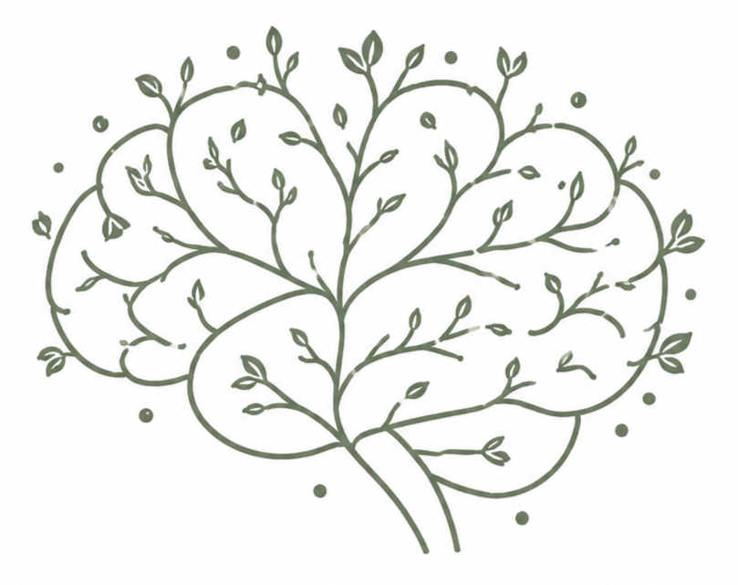 A stylized, abstract drawing of a brain with an outline made of interconnected branches and small leaves, resembling a tree.