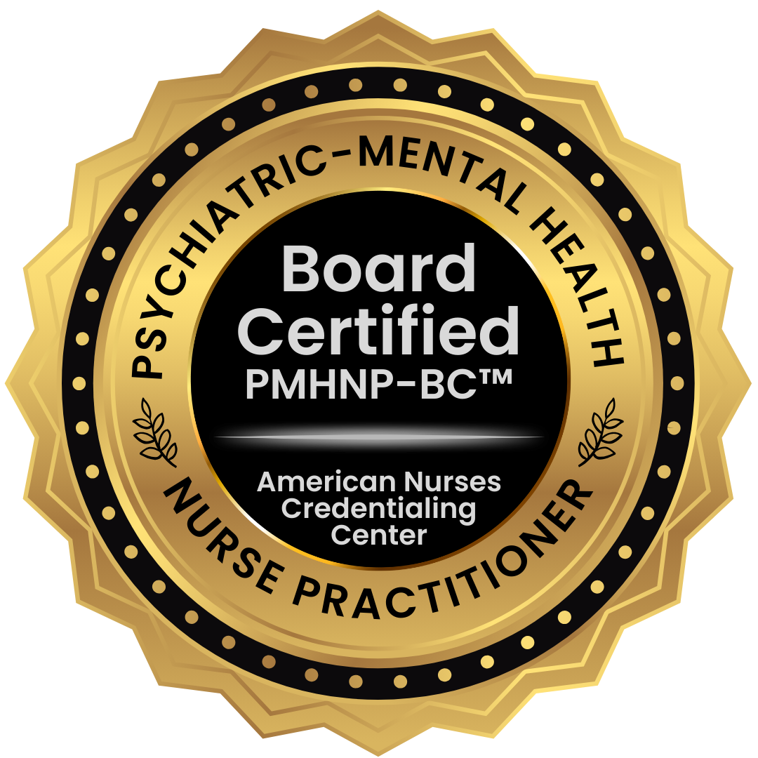 Gold seal badge with black center displaying certification for psychiatric-mental health nurse practitioner from the American Nurses Credentialing Center, indicating it is board certified.