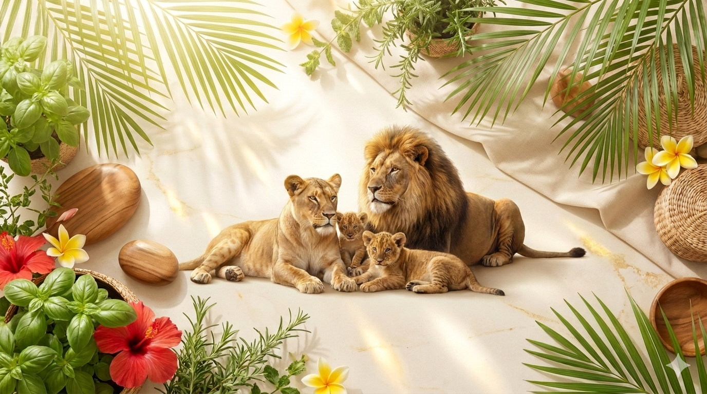 A lion and lionesses with lion cubs lying on a light-colored surface, surrounded by tropical plants, flowers, and woven baskets, creating a lush, safari-inspired scene.