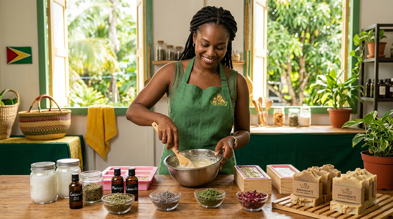 A woman smiling and stirring a mixture in a bowl in a bright, plant-filled kitchen with open windows and shelves of jars, bottles, and potted plants.