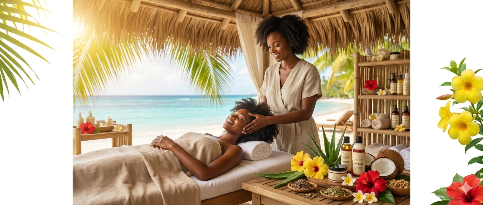 A woman receives a massage on her head on a massage table outdoors under a thatched roof with a beach and ocean in the background. A massage therapist is smiling and using her hands to massage the woman's scalp. The scene is decorated with tropical flowers and has a wooden shelf with massage oils and towels.