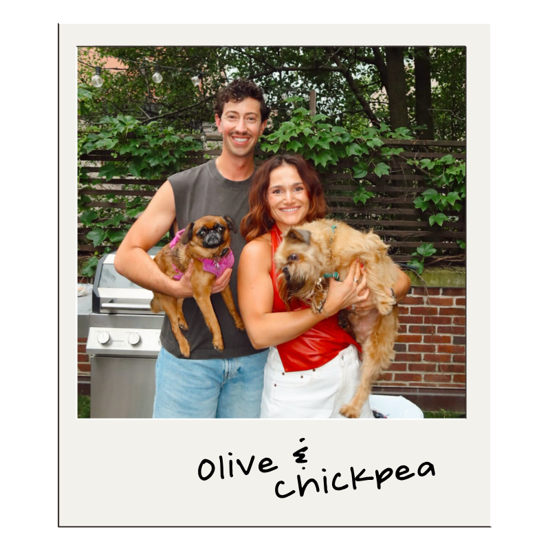A smiling man and woman each holding a small dog, standing close together. The man has dark curly hair and is wearing a sleeveless gray shirt, holding a small brown dog with a pink harness. The woman has brown hair and is wearing a red top and white shorts, holding a larger tan-colored dog.