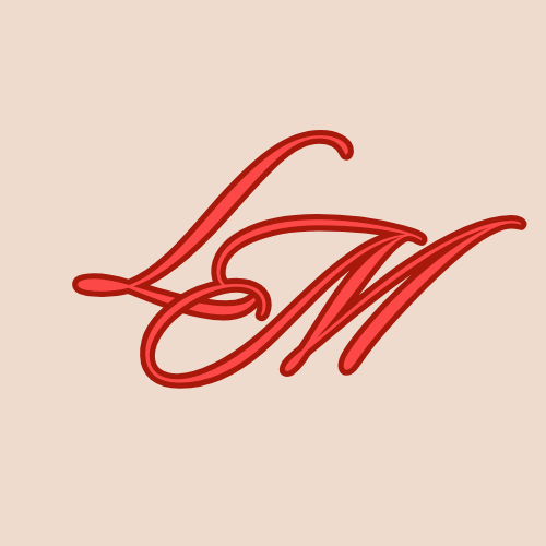 A stylish cursive logo with overlapping red letters 'L' and 'M' on a light beige background.