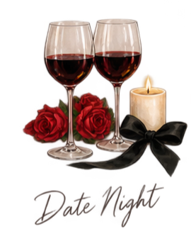 Two glasses of red wine, a lit candle, red roses, and a black ribbon, with the words 'Date Night' beneath.