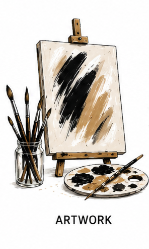 A glass jar with paintbrushes next to a blank canvas on an easel and a paint palette with black and gold paint, labeled 'ARTWORK'.