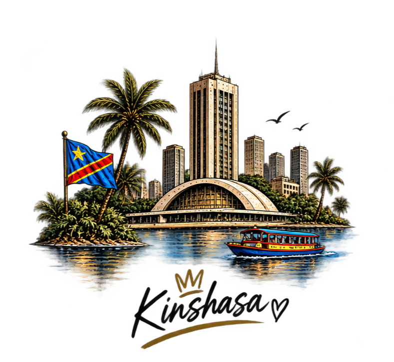 Illustration of Kansas City featuring city skyscrapers, a river with a boat, palm trees, and a Kansas City flag.