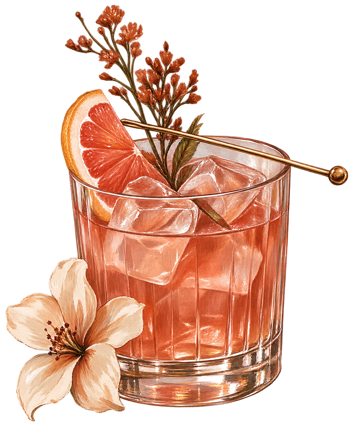 A glass of pink grapefruit cocktail with ice, garnished with a grapefruit slice, a sprig of dried flowers, and a white flower beside the glass.