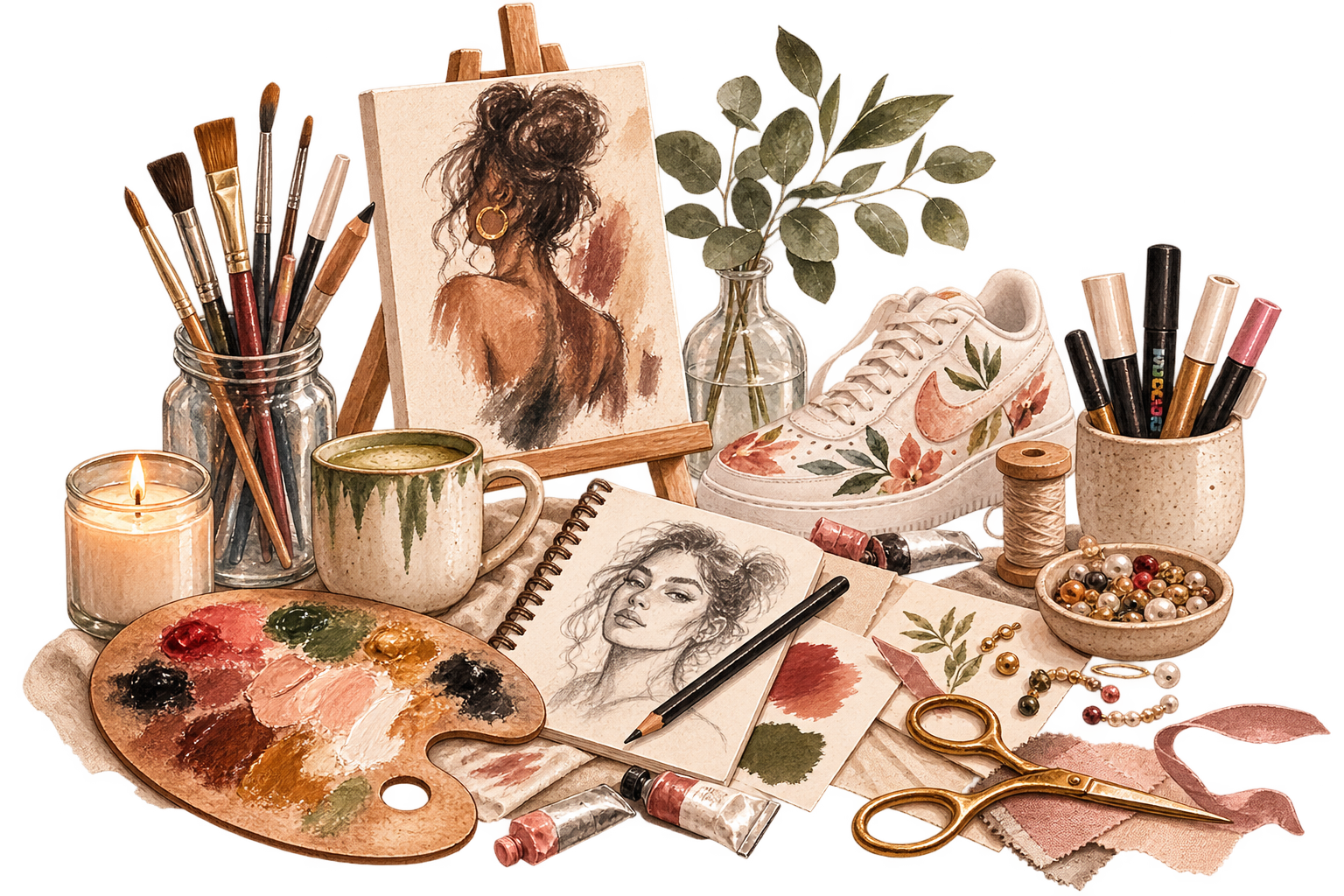 Art supplies including paintbrushes, a palette with mixed colors, sketches of women, a sneaker with floral decoration, a small easel with a portrait of a woman, a candle, a ceramic mug, a glass jar with eucalyptus branches, spools of thread, beads, scissors, watercolor tubes, and paint swatches on a table.
