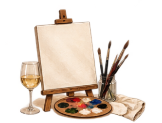 A blank canvas on an easel with a glass of white wine, paintbrushes in a container, a palette with various colors of paint, and a cloth nearby.