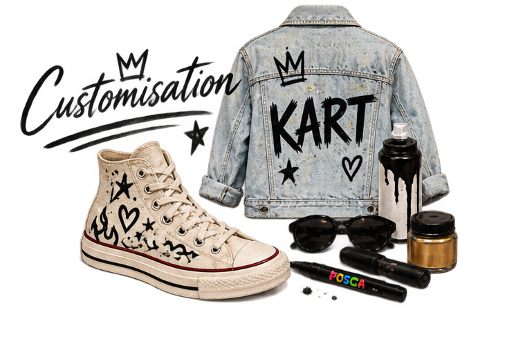 A denim jacket with "KART" written on the back, a beige high-top sneaker with black doodles, a black spray paint can, sunglasses, a small jar of gold paint, and a black marker with colorful text.