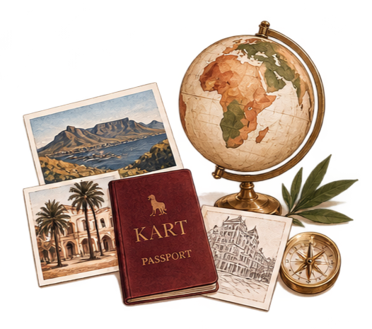 A collection of travel-related items including a globe, a book of maps, a passport, a postcard of a European city, a postcard of a landscape, and a compass, with some green leaves.