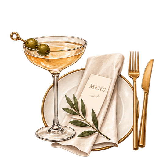 Elegant table setting with a cocktail glass containing green olives, a menu, a napkin, and gold-colored cutlery including a fork, knife, and spoon.