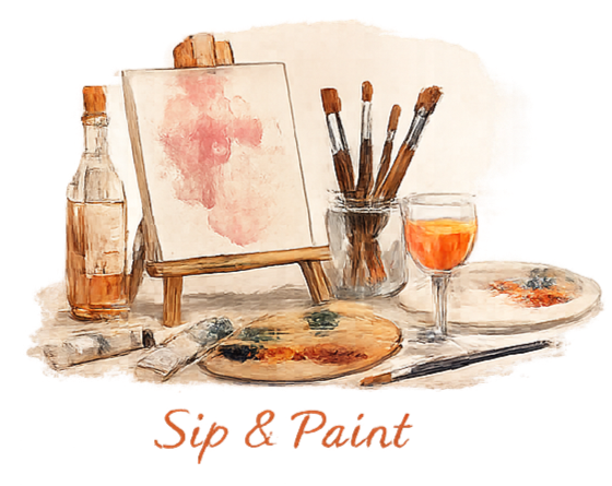 A watercolor painting of an artist's workspace, featuring a small easel with a blank canvas, a palette with various paint colors, a glass of rosé wine, and a jar holding paintbrushes. The words 'Sip & Paint' are written below in orange cursive.