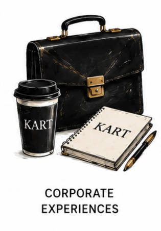 Black marble briefcase, disposable coffee cup with KART logo, notebook labeled 'KART', and a pen, all on a white background.