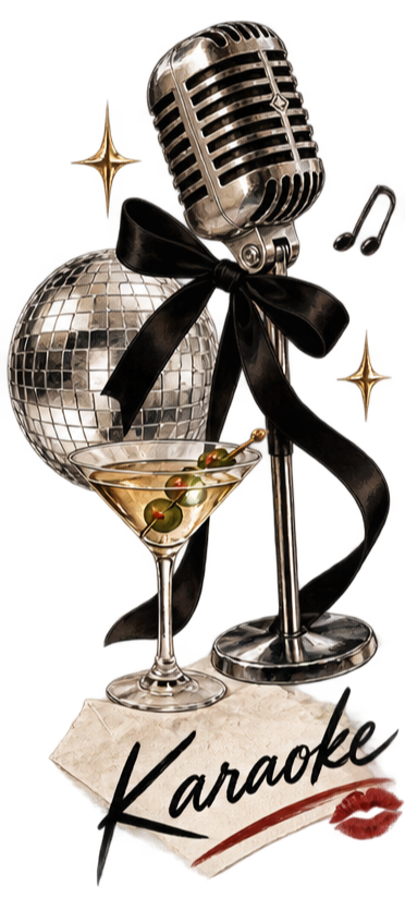 Decorative karaoke-themed image featuring a vintage microphone with a black ribbon, a disco ball, a martini glass with olives, and a note with the word "Karaoke" written on it.