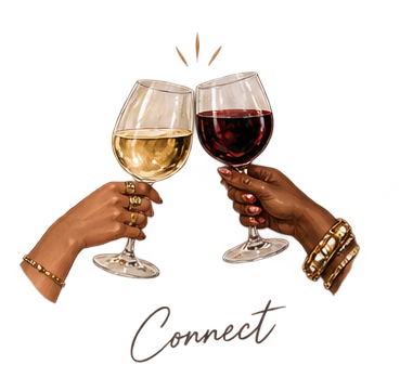 Two hands holding wine glasses, one with white wine and the other with red wine, against a white background, with the word 'Connect' written below.