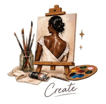 Painting of a woman with her back turned on an easel, surrounded by art supplies including brushes, a palette with paint, and a tube of paint.