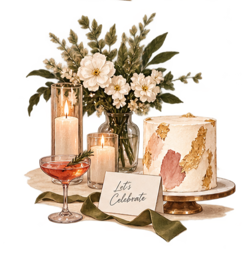 A floral arrangement with white flowers and green leaves in a glass vase, two lit candles in glass holders, a pink cocktail with a sprig of rosemary, a wedding cake with gold and pink decoration, and a 'Let's Celebrate' greeting card on a table with a green cloth.