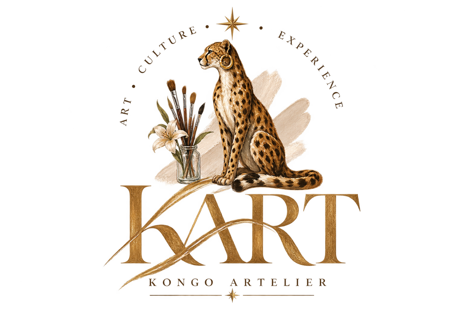 A digital illustration of a cheetah with jewelry, sitting next to a jar of artist brushes and white lilies, with large golden letters spelling 'KART' and the words 'KONGO ARTELIFE' at the bottom, set against a decorative background with a star.