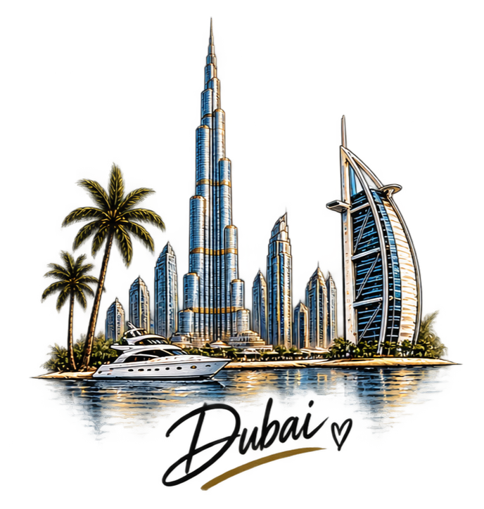 Illustration of Dubai skyline featuring the Burj Khalifa, the Atlantis hotel, palm trees, a yacht, and water, with the word 'Dubai' at the bottom.