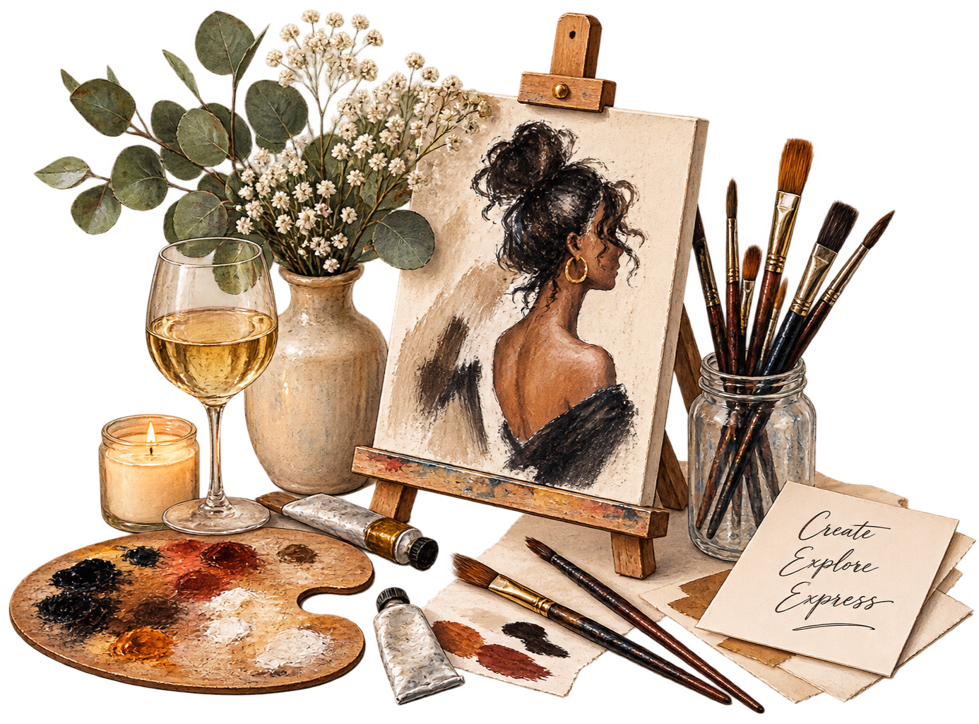 An artist's workspace with a small portrait of a woman with curly dark hair wearing earrings, placed on a wooden easel. The workspace includes a paint palette with mixed colors, tubes of white and black paint, various paintbrushes in a jar, a lit candle, a glass of white wine, a vase with white and green foliage, and a small note card with the words "Create Explore Express."