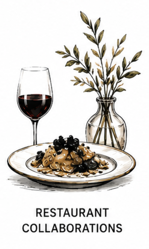 A glass of red wine, a plate of pasta topped with black caviar, and a vase with green leafy branches, with the text 'Restaurant Collaborations' below.