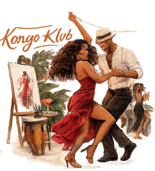A couple dancing passionately in an art studio, with the woman wearing a red dress and the man in a white shirt and straw hat, surrounded by paintings and art supplies.