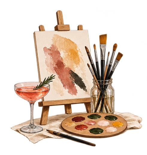 Art supplies including brushes, watercolors, and a palette next to a small easel with a watercolor painting, along with a cocktail glass with a sprig of rosemary on a cloth.