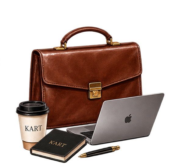 Brown leather briefcase, a laptop, a planner, a pen, and a coffee cup on a dark background.