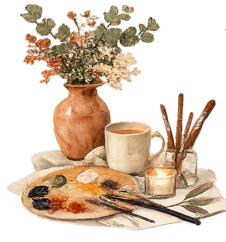 A still life arrangement featuring a clay vase with dried flowers, a mug of tea or coffee, paintbrushes in a glass, a small candle, and a painted palette on a white cloth.