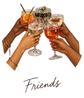 Four hands holding glasses of mixed drinks for a toast against a red background.