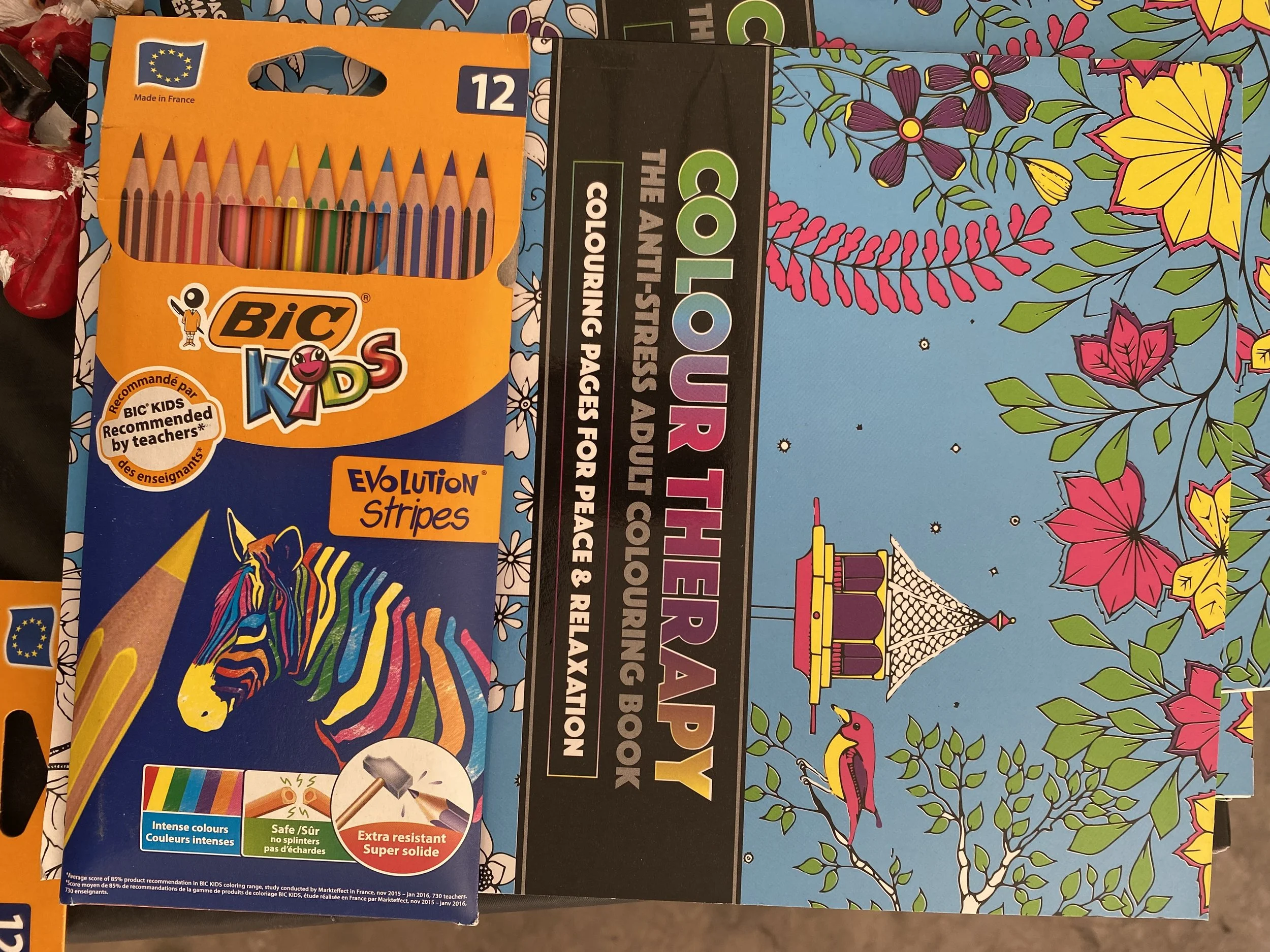 Coloring book with a floral pattern on the cover, a box of 12 colored pencils labeled BIC Kids Evolution Stripes with vibrant colors and an image of a colorful zebra on the front.