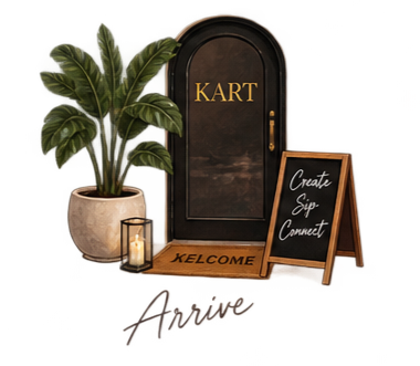Decorative café entrance with a black arched door labeled 'KART', a potted plant, a small lantern, a welcome mat, and a chalkboard sign that says 'Create, Sip, Connect'.