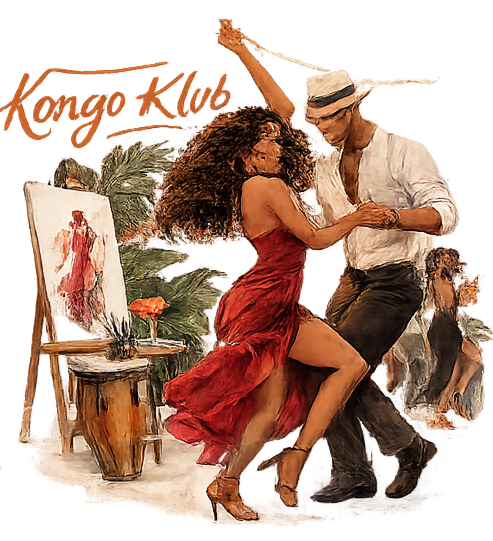 A couple dancing outdoors with a woman in a red dress and a man in a white shirt and hat, near an easel with a painting, surrounded by tropical plants and other people.