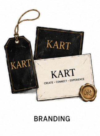 Black and white cards with the word 'KART' and the text 'Create, Connect, Experience,' along with a gold wax seal, used for branding purposes.