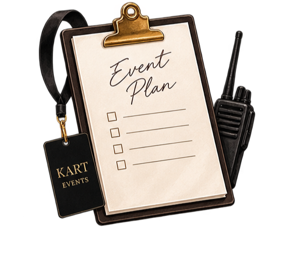 Clipboard with an event plan and checkboxes, a black walkie-talkie, and a keychain with 'KART EVENTS' attached, all set against a red background.